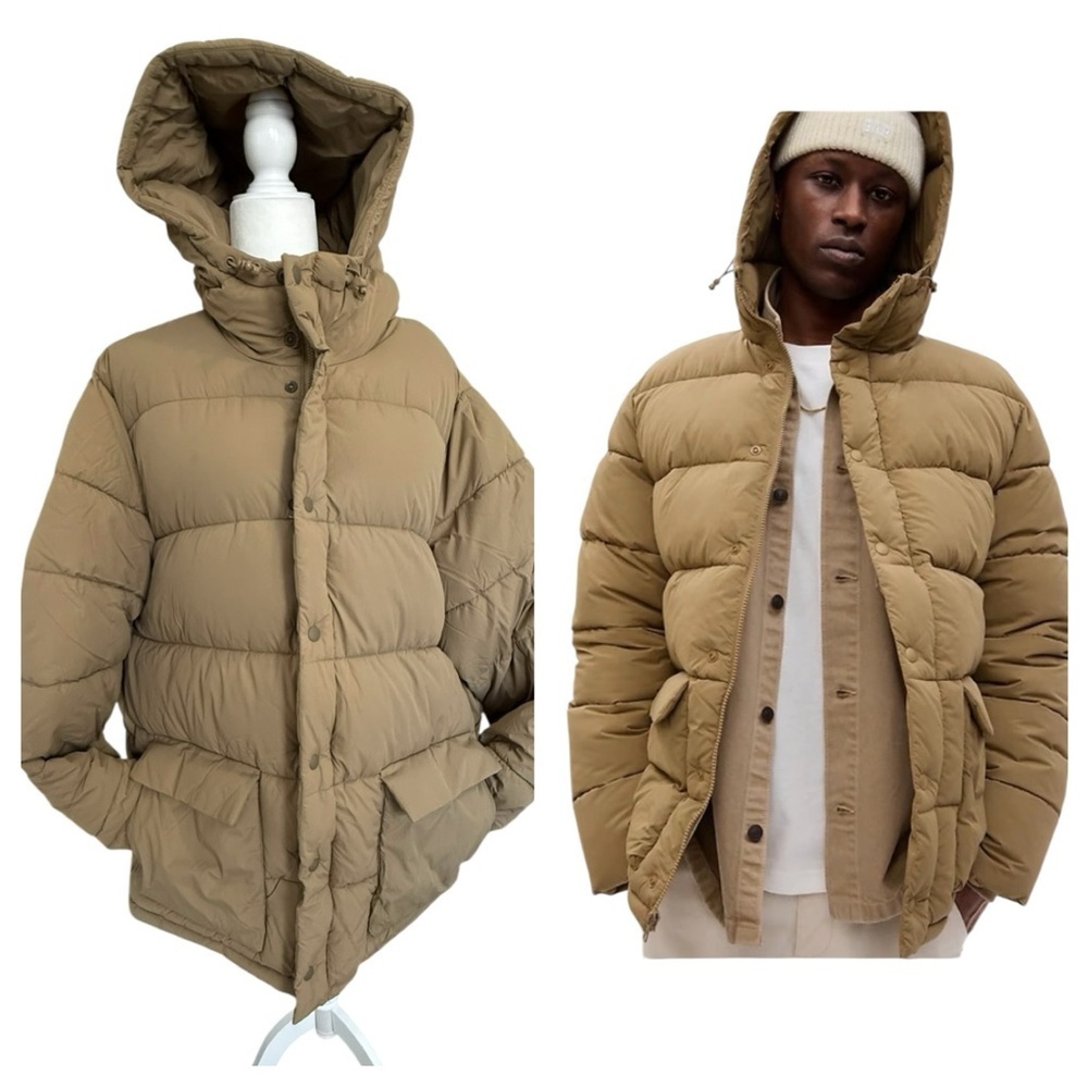 GAP Men’s Recycled Puffer Jacket XXL Caramel Khaki Hooded Water Repellent NWOT